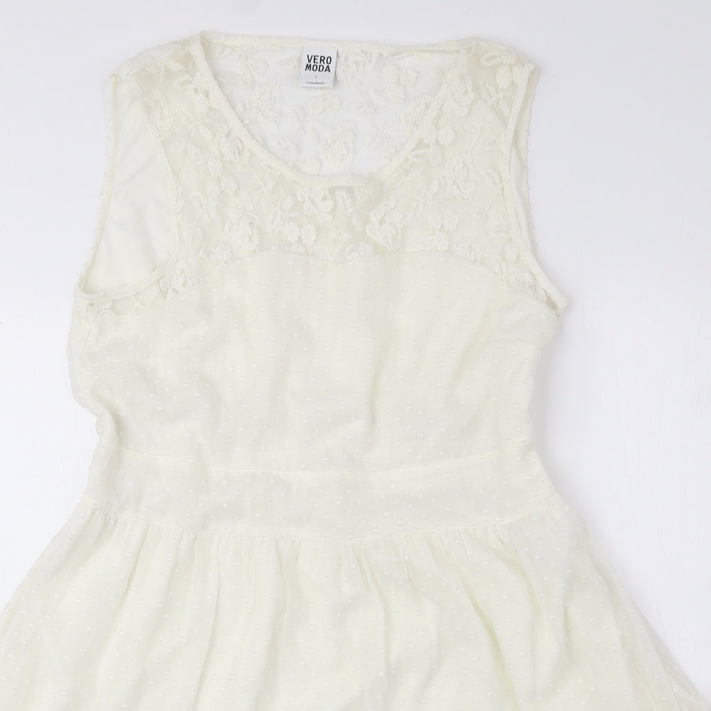 Vera Moda Womens Ivory Polyester Fit & Flare Size L Round Neck Zip