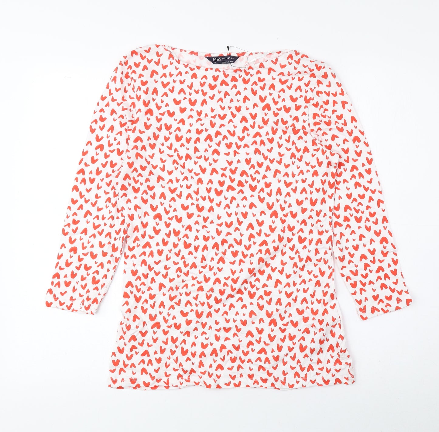 Marks and Spencer Womens Red Geometric Cotton Basic Blouse Size 10 Boat Neck