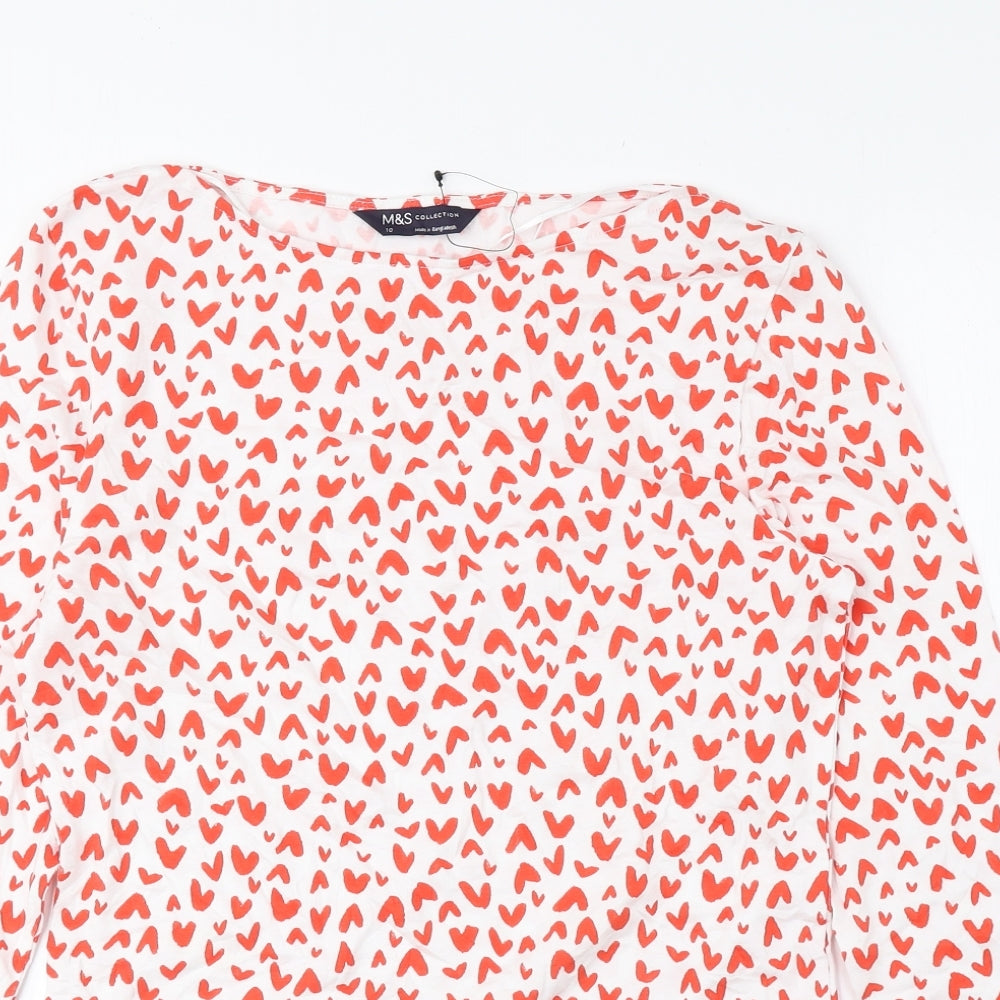 Marks and Spencer Womens Red Geometric Cotton Basic Blouse Size 10 Boat Neck