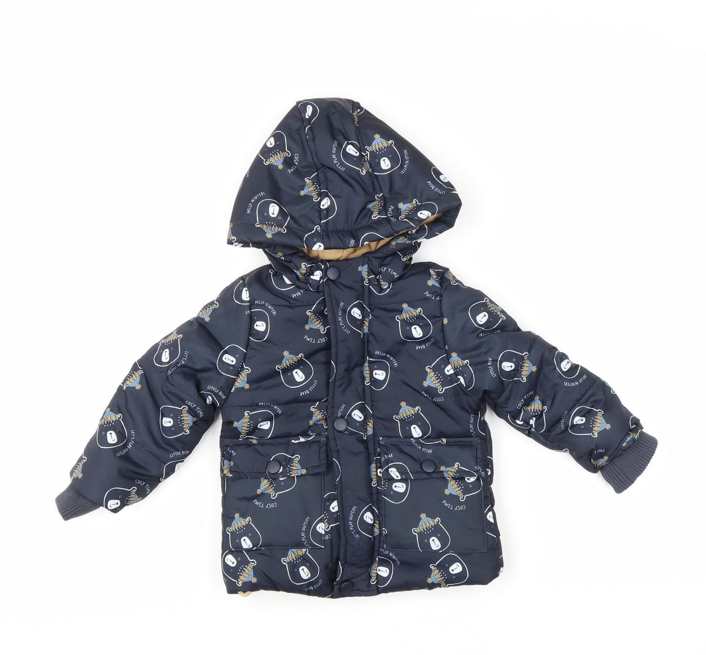 So Cute Baby Black Geometric Puffer Jacket Coat Size 9-12 Months Zip - Bears in hats