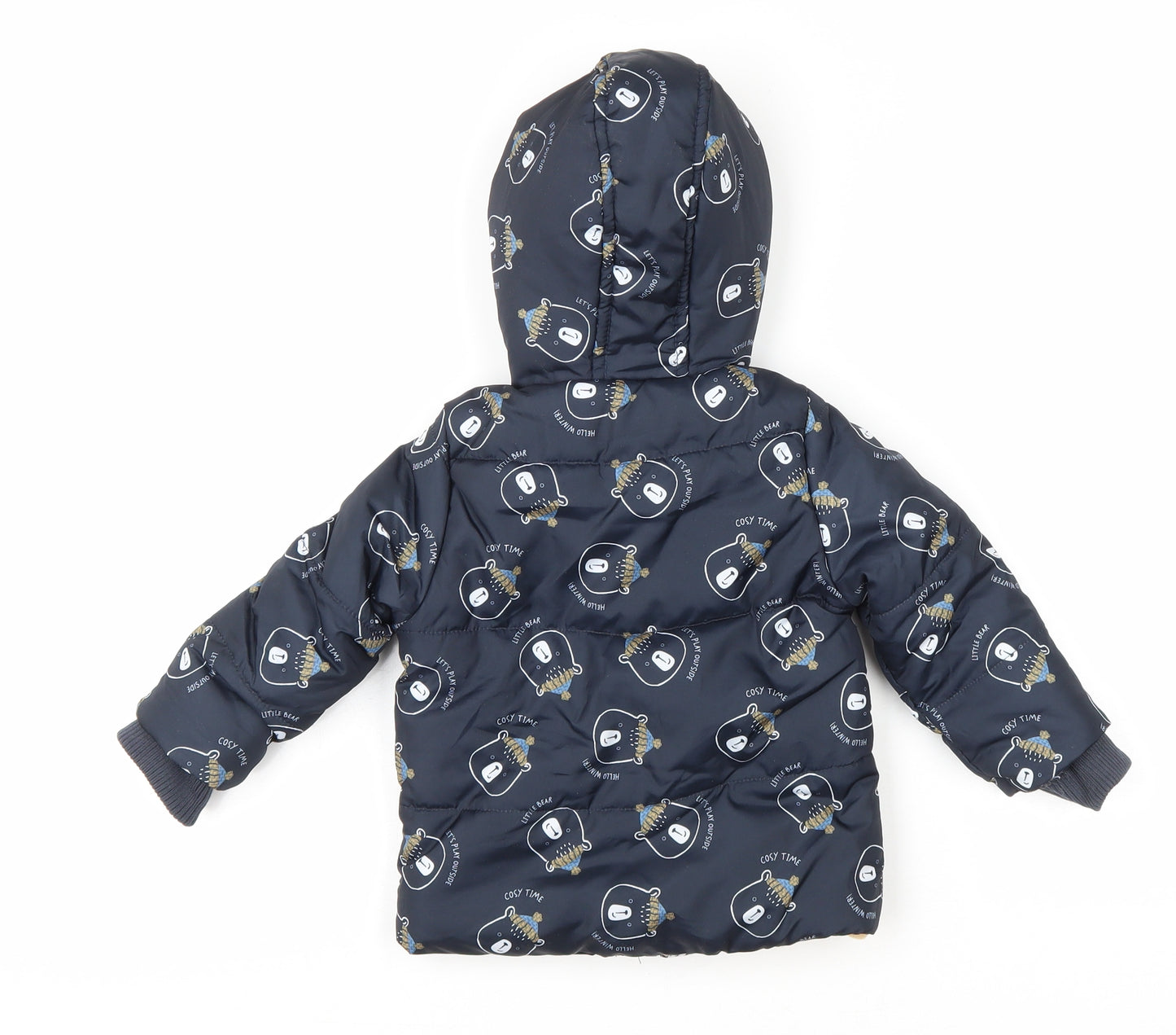 So Cute Baby Black Geometric Puffer Jacket Coat Size 9-12 Months Zip - Bears in hats