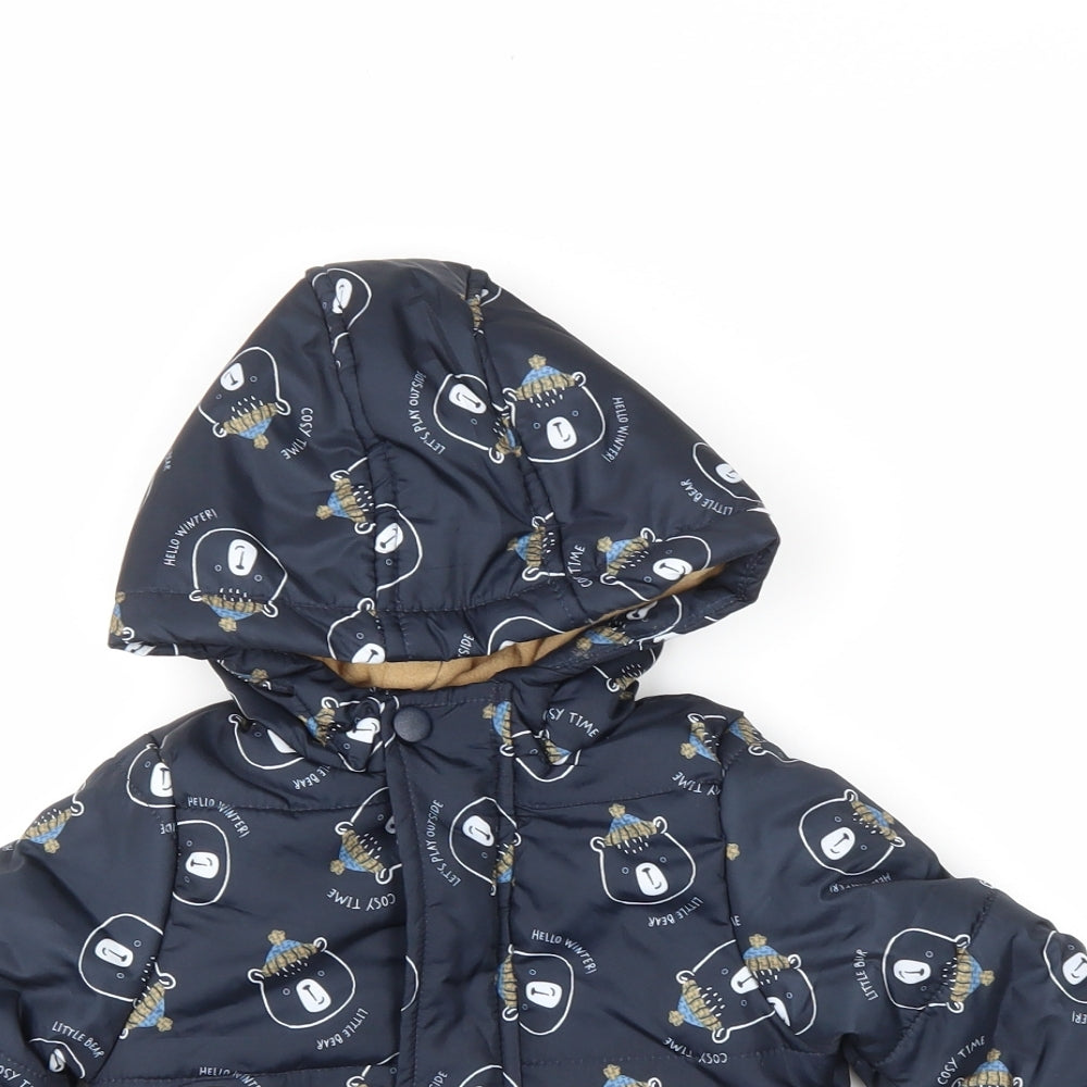 So Cute Baby Black Geometric Puffer Jacket Coat Size 9-12 Months Zip - Bears in hats
