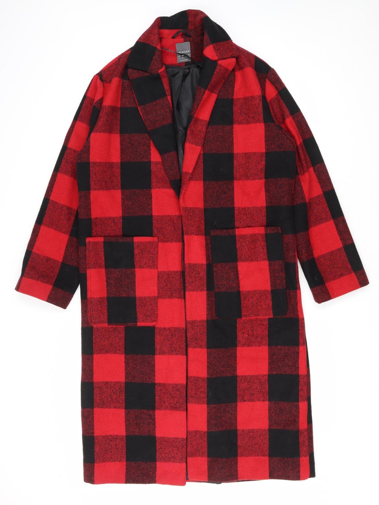 Primark Womens Red Check Overcoat Coat Size 8 Tie - Gingham