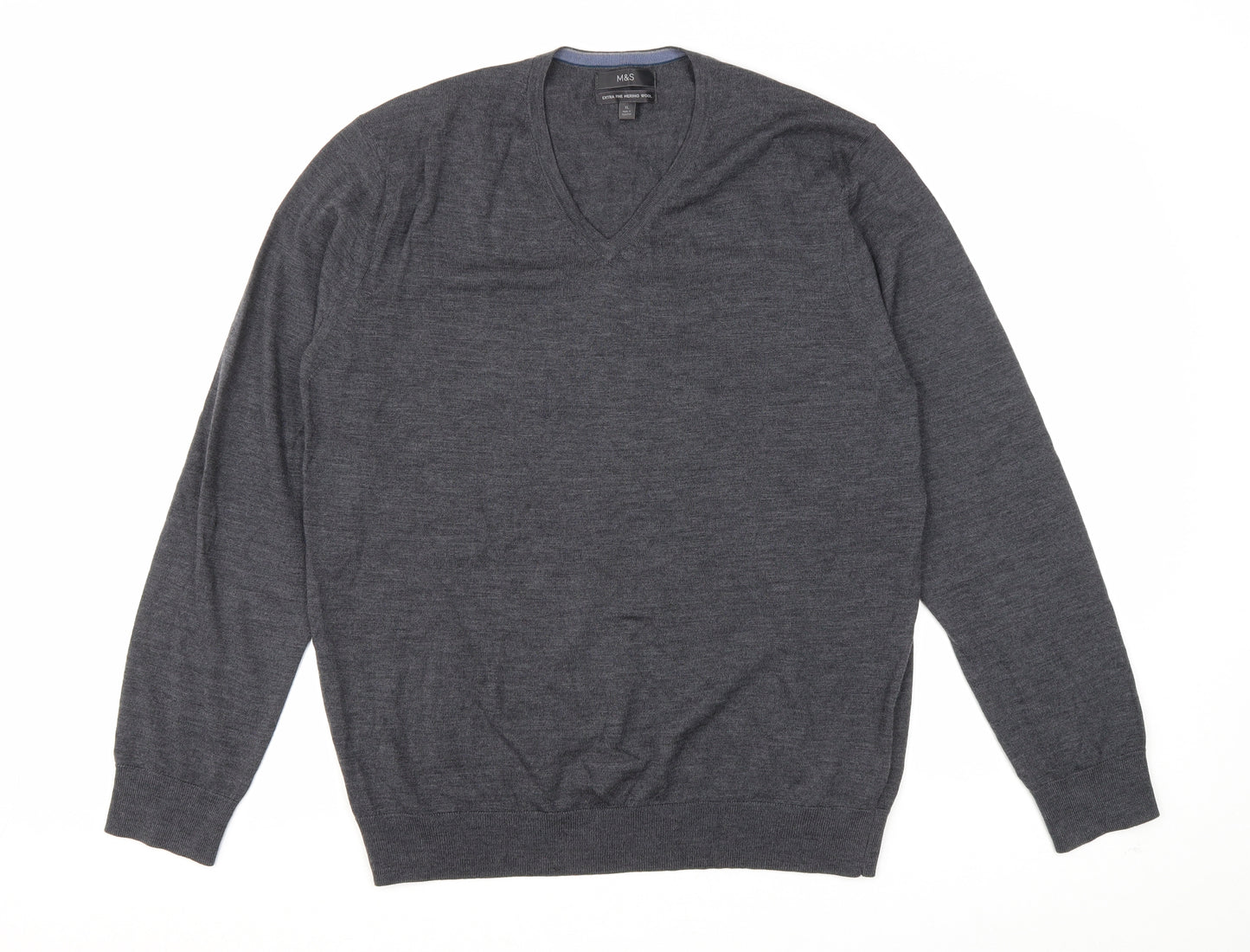 Marks and Spencer Mens Grey V-Neck Wool Pullover Jumper Size XL - 100% Merino Wool