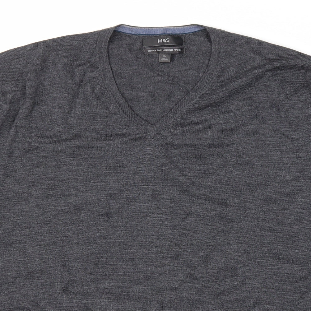 Marks and Spencer Mens Grey V-Neck Wool Pullover Jumper Size XL - 100% Merino Wool