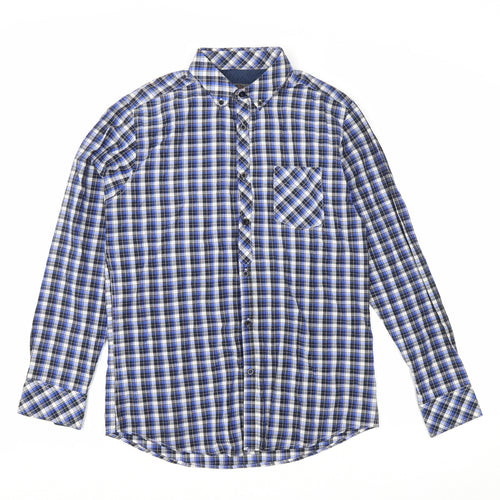 24:7 Mens Blue Plaid Polyester Button-Up Size M Collared Button