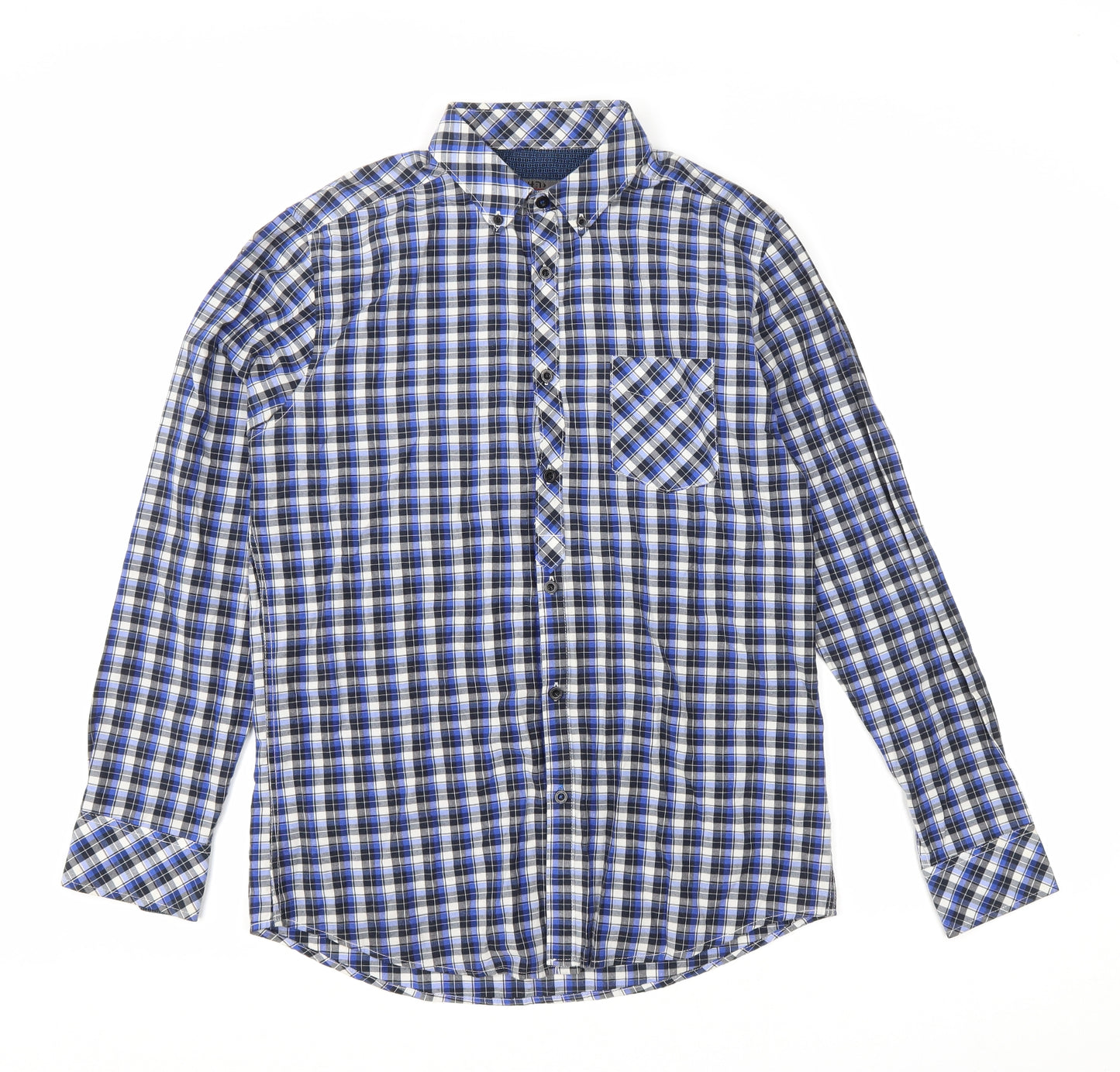 24:7 Mens Blue Plaid Polyester Button-Up Size M Collared Button