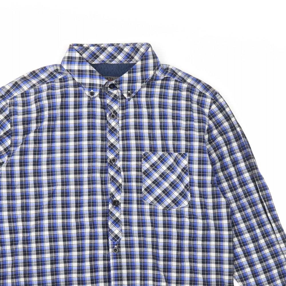 24:7 Mens Blue Plaid Polyester Button-Up Size M Collared Button