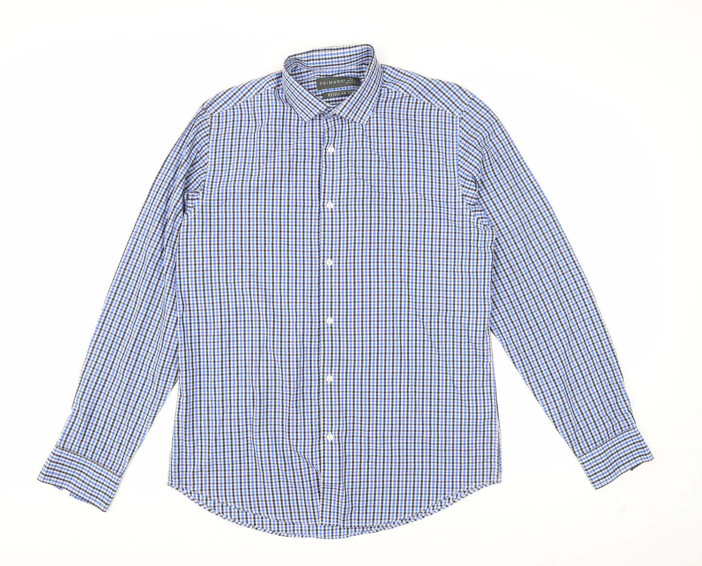 Primark Mens Blue Plaid Cotton Button-Up Size 15.5 Collared Button