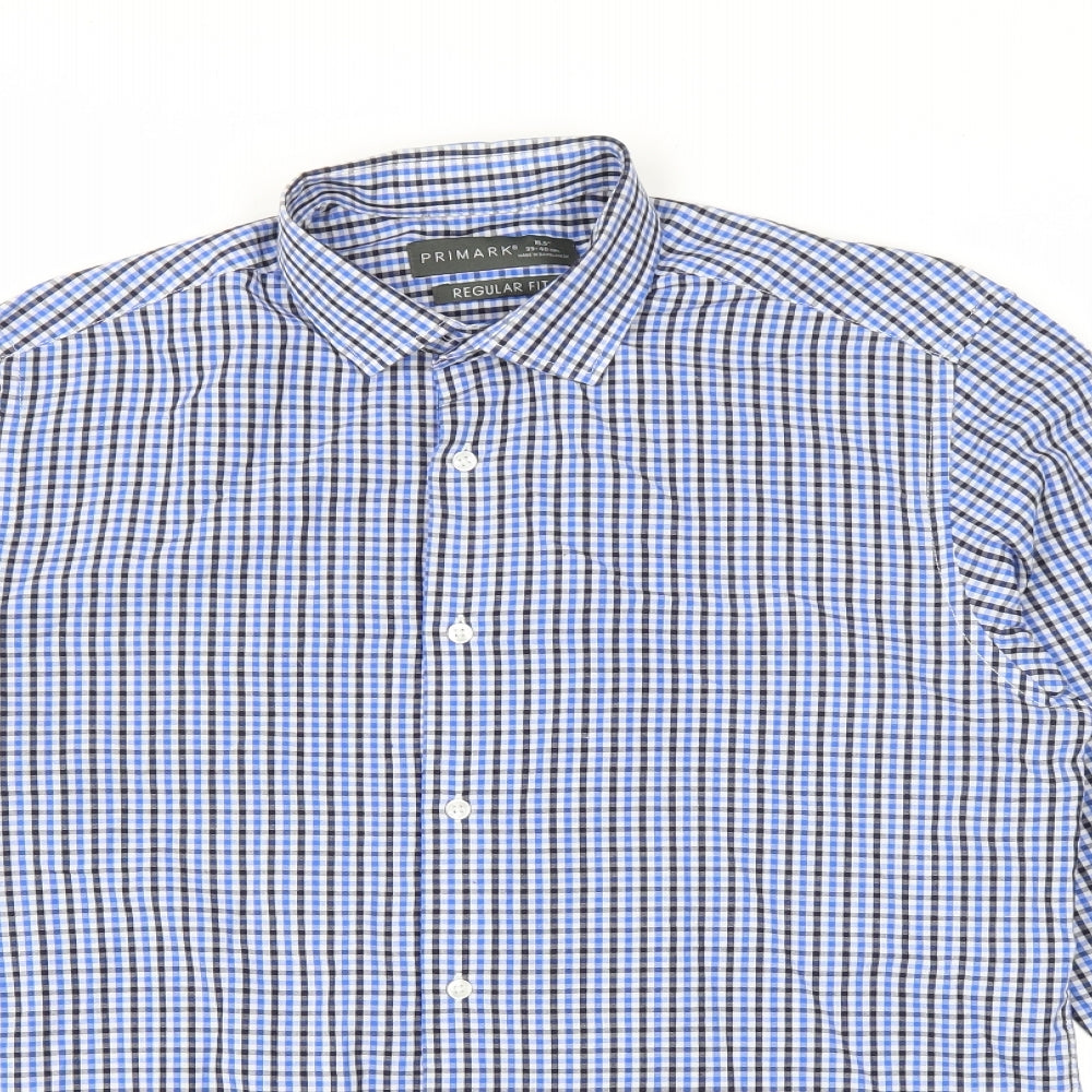Primark Mens Blue Plaid Cotton Button-Up Size 15.5 Collared Button