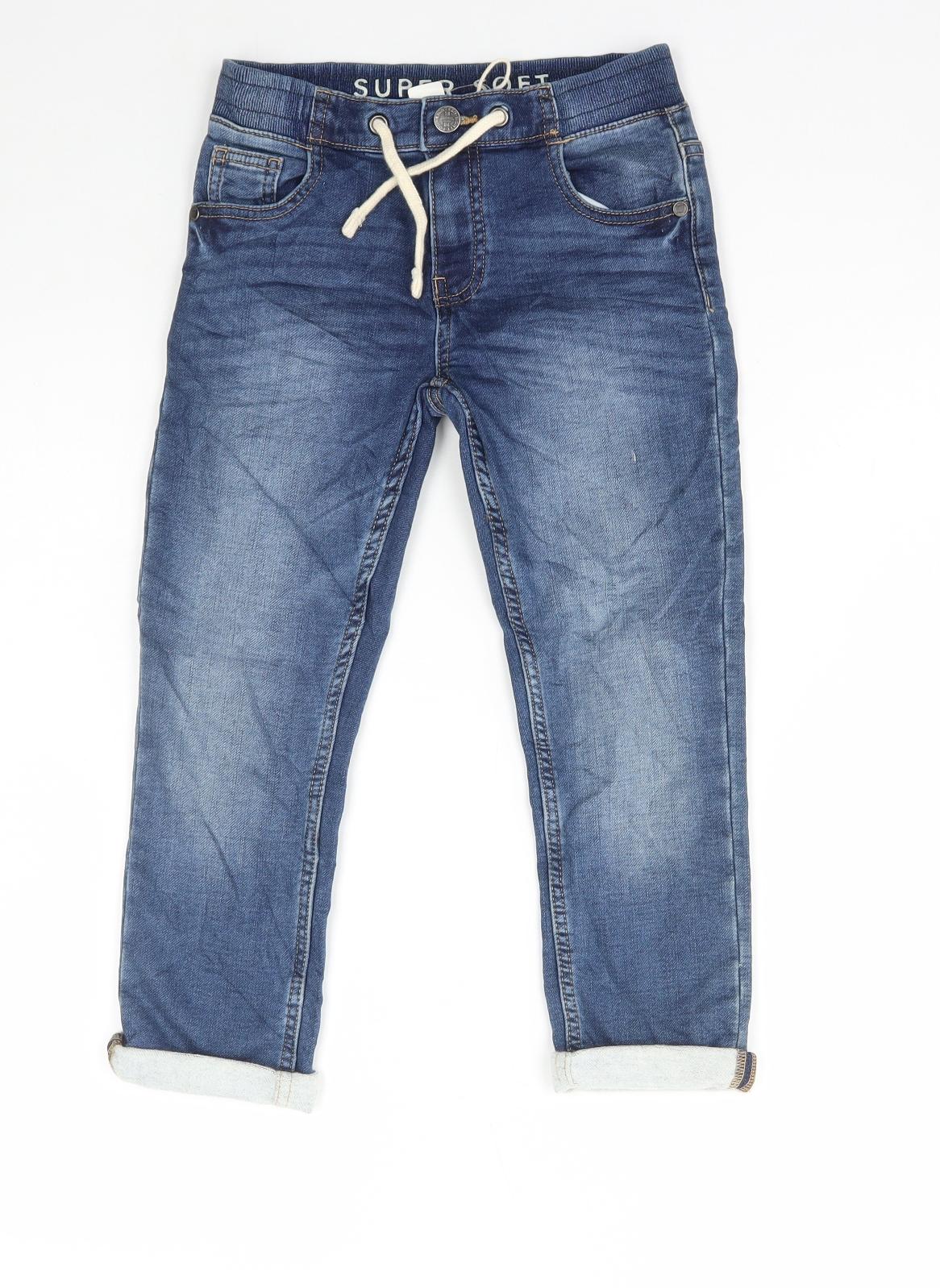Marks and Spencer Boys Blue Cotton Straight Jeans Size 6-7 Years Regular Drawstring