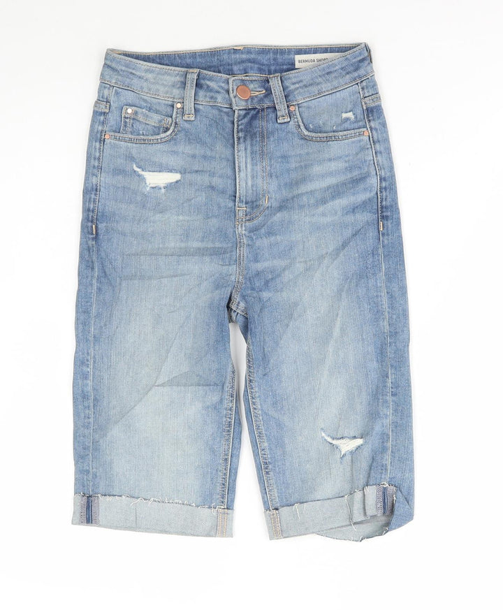 Marks and Spencer Womens Blue Cotton Bermuda Shorts Size 6 L11.5 in Regular Button - Distressed Denim