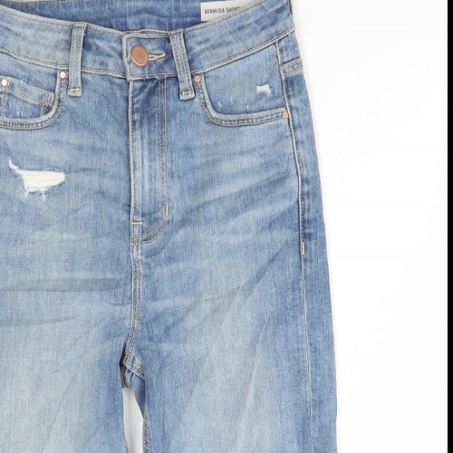 Marks and Spencer Womens Blue Cotton Bermuda Shorts Size 6 L11.5 in Regular Button - Distressed Denim