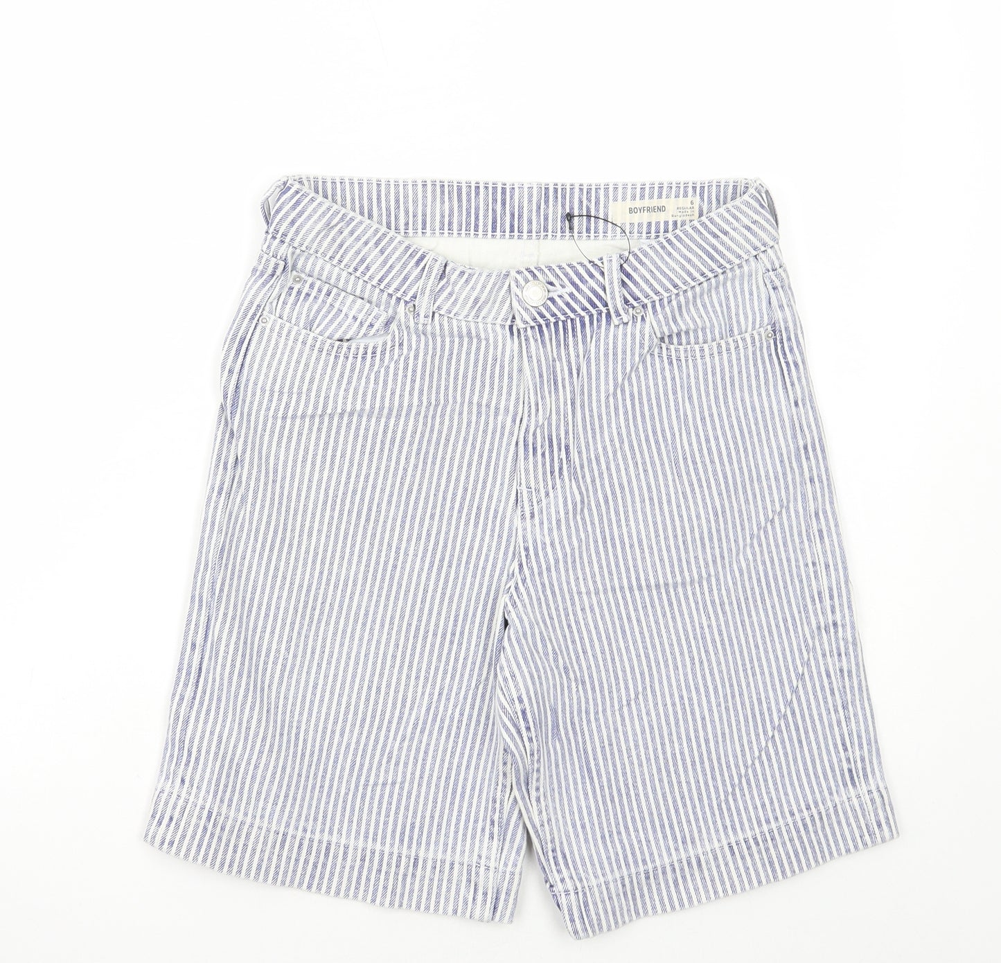 Marks and Spencer Womens Blue Striped Cotton Boyfriend Shorts Size 6 L8 in Regular Button