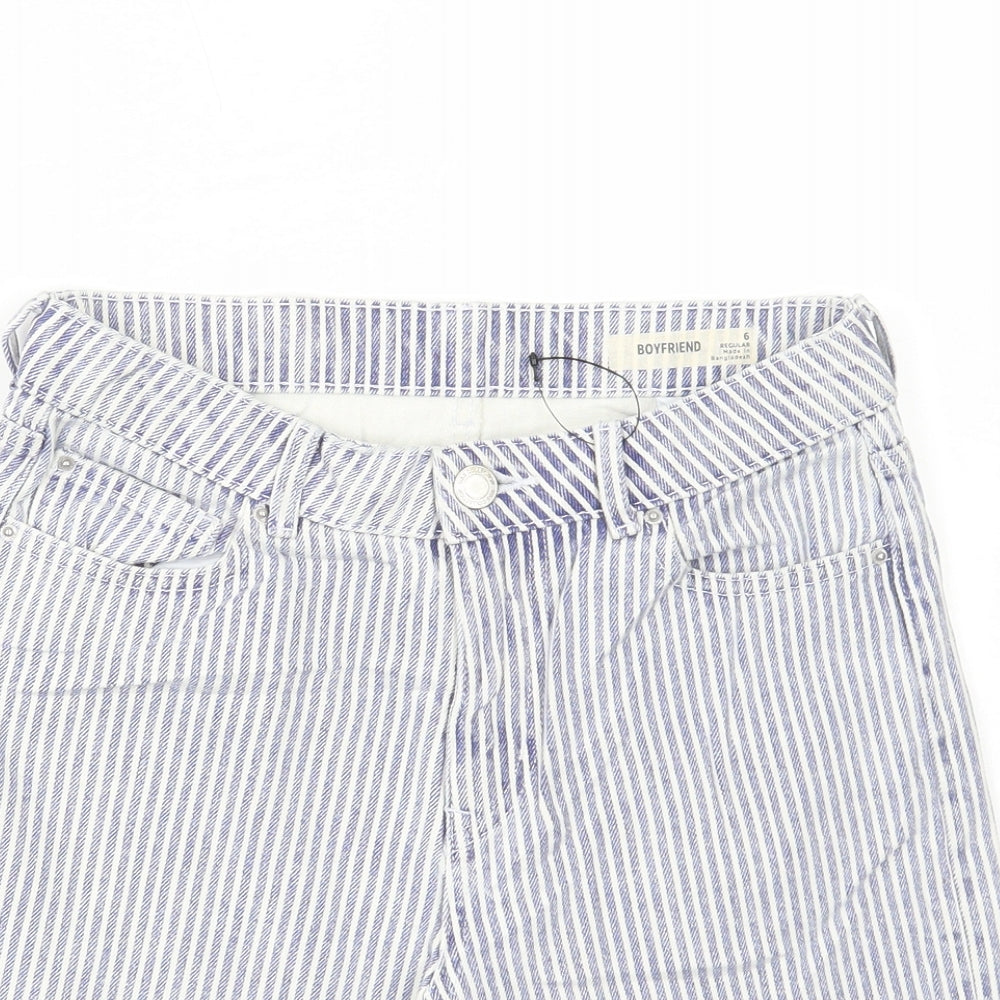Marks and Spencer Womens Blue Striped Cotton Boyfriend Shorts Size 6 L8 in Regular Button