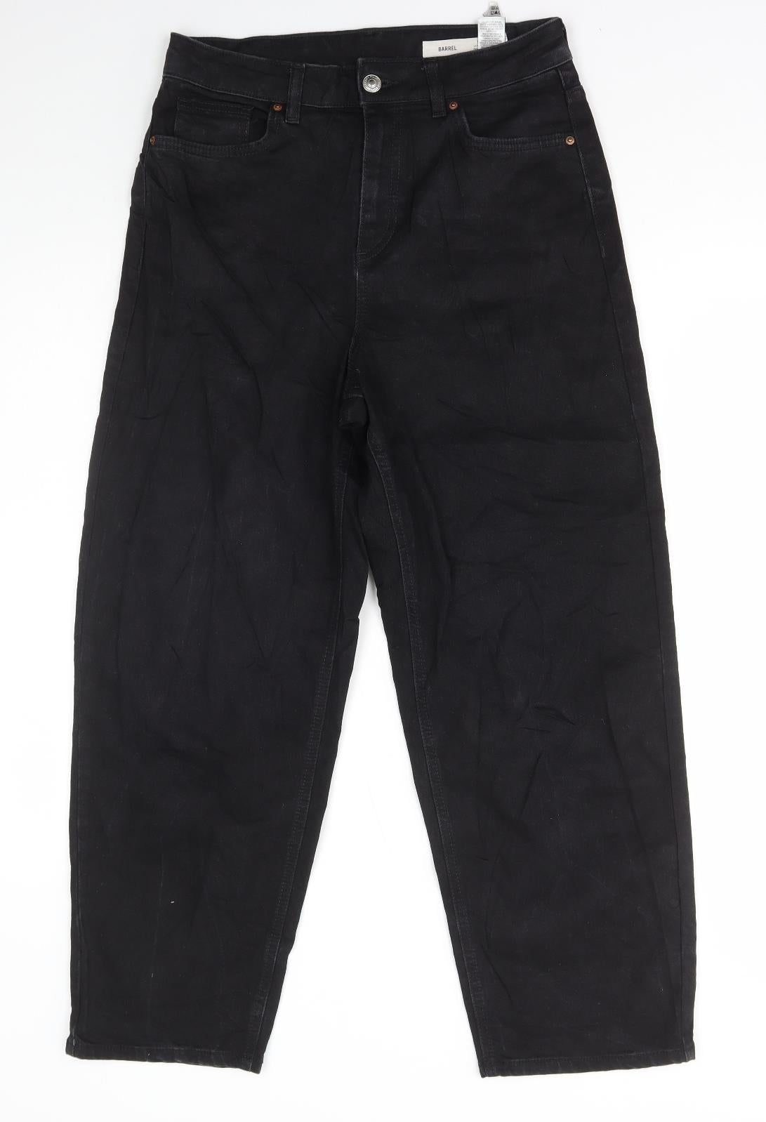 Marks and Spencer Womens Black Cotton Wide-Leg Jeans Size 10 L27 in Regular Button