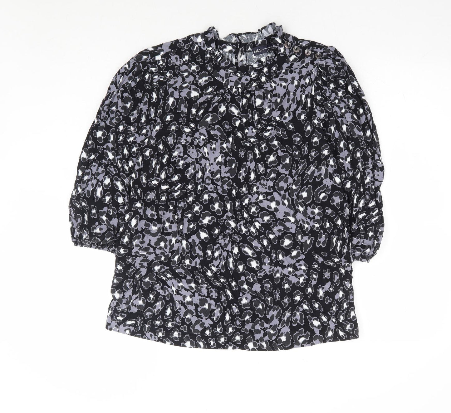 Marks and Spencer Womens Black Animal Print Viscose Basic Blouse Size 10 Round Neck - Leopard Print