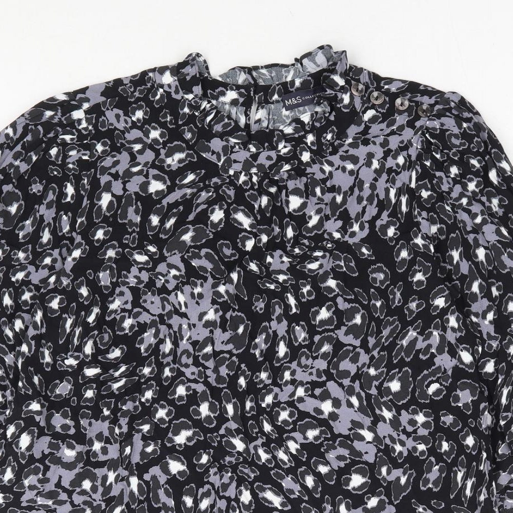 Marks and Spencer Womens Black Animal Print Viscose Basic Blouse Size 10 Round Neck - Leopard Print