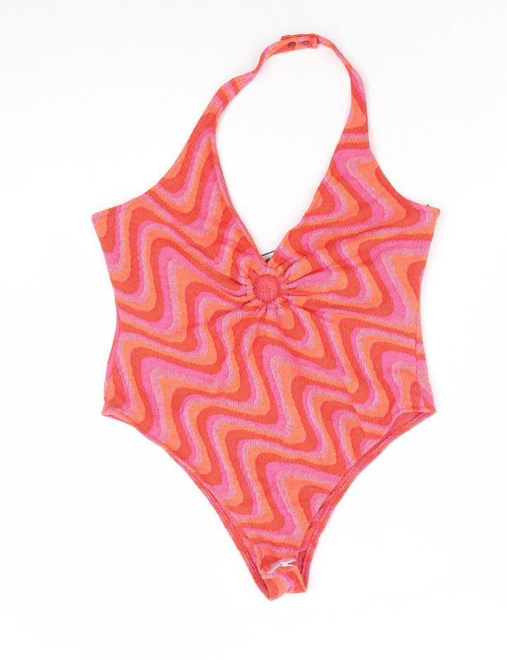 Zara Womens Pink Geometric Cotton Bodysuit One-Piece Size XL Zip - Cut Out Detail