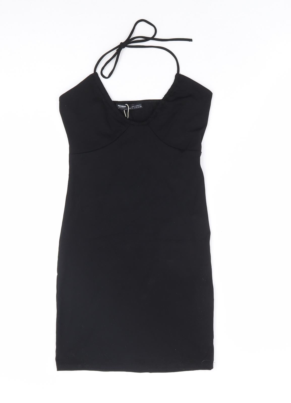 Pull & Bear Womens Black Polyester Bodycon Size S Halter Tie