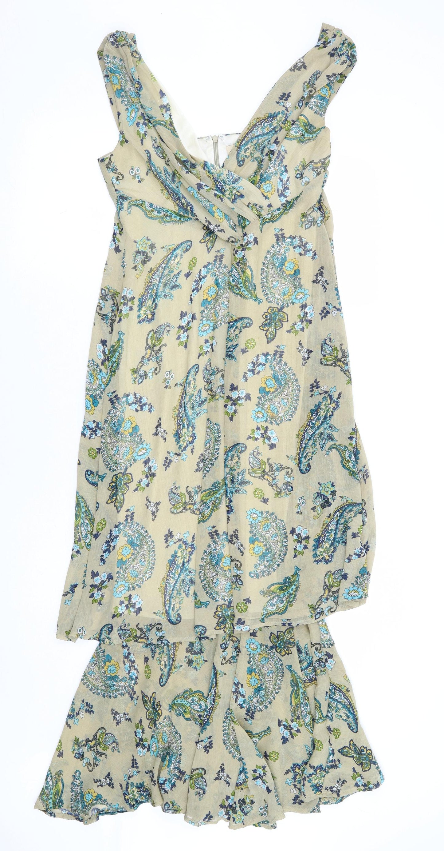 M Butterfly Womens Beige Floral Polyester A-Line Size M V-Neck Zip