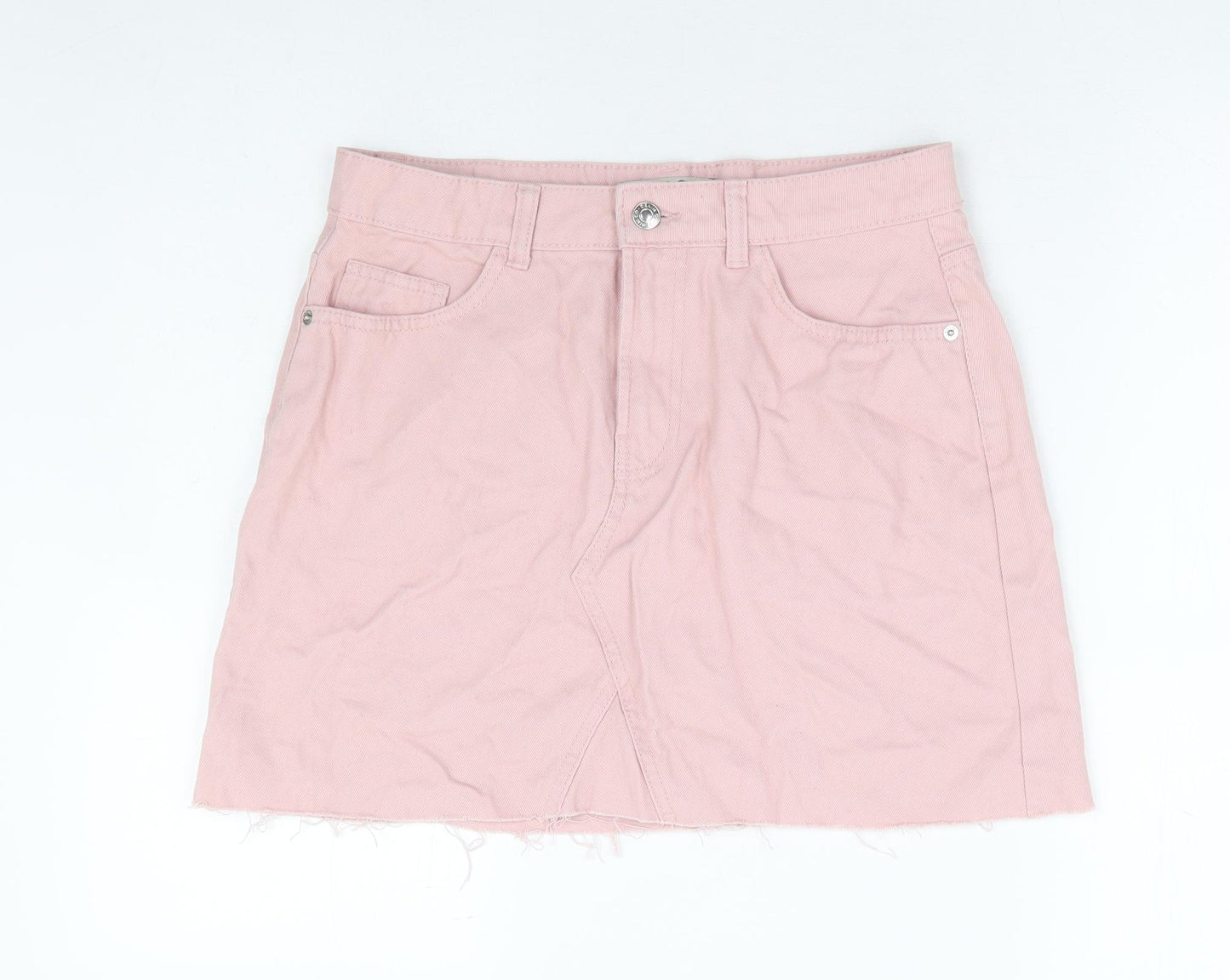 Primark Womens Pink Cotton Mini Skirt Size 10 Zip - Distressed Hem