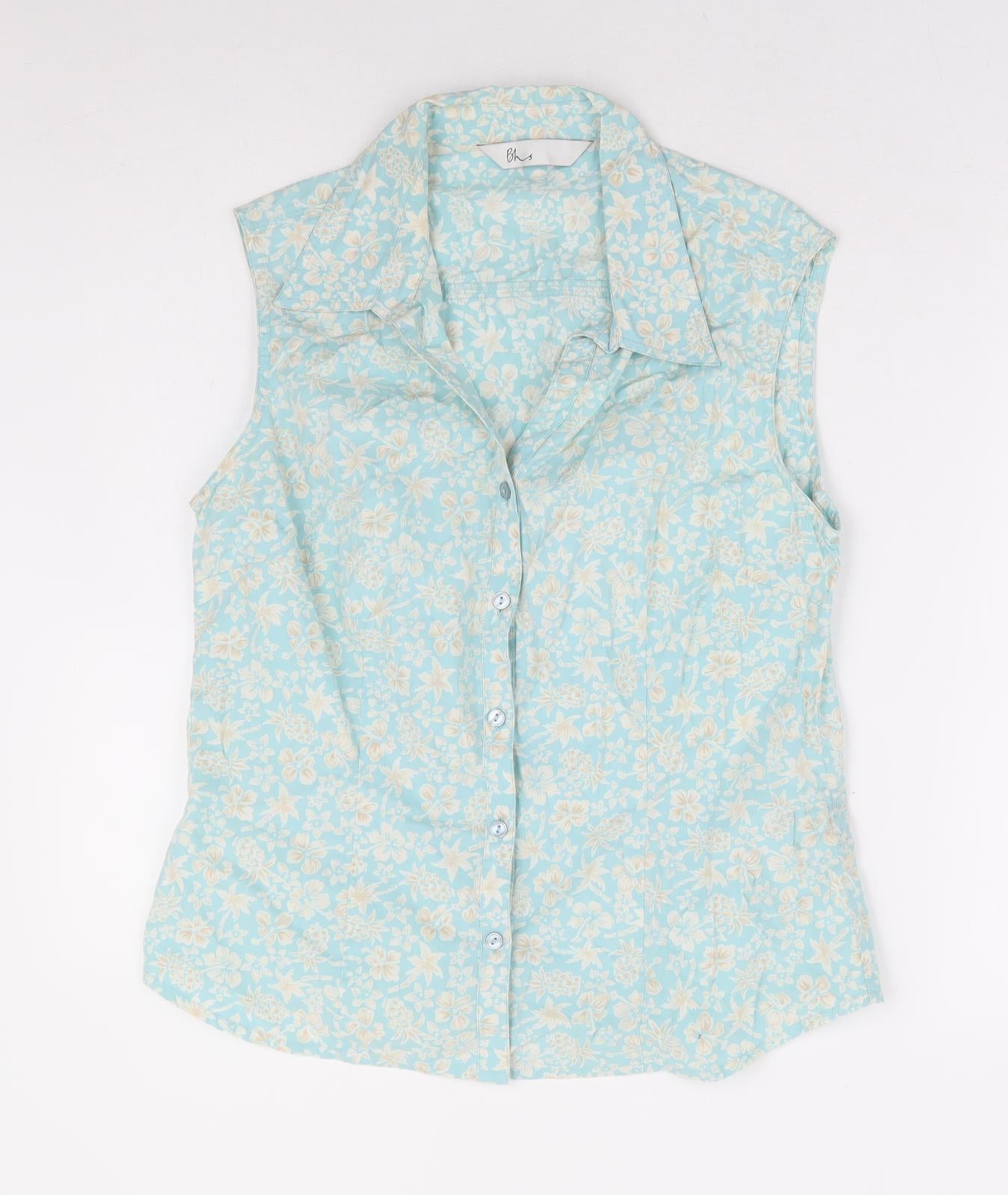 BHS Womens Blue Floral 100% Cotton Basic Button-Up Size 14 Collared