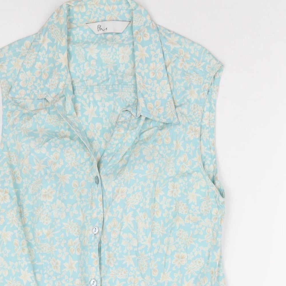 BHS Womens Blue Floral 100% Cotton Basic Button-Up Size 14 Collared