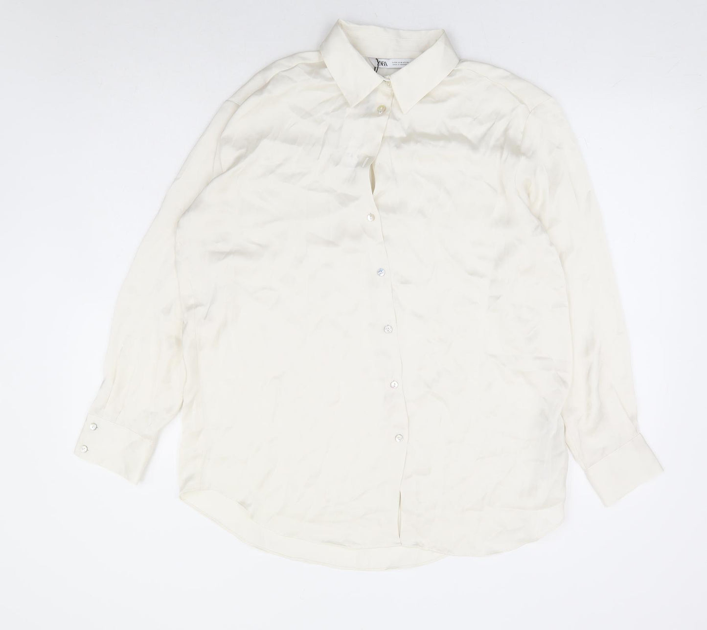 Zara Womens White Polyester Basic Button-Up Size S Collared