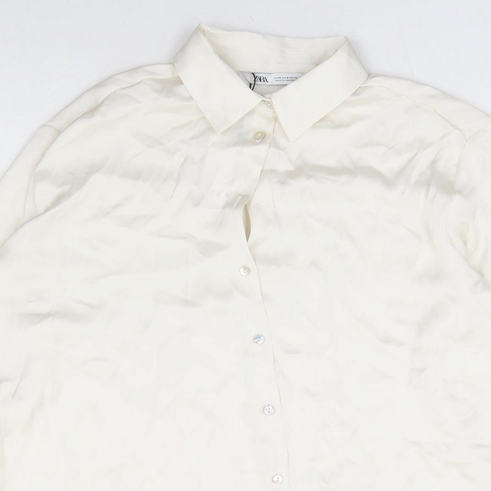 Zara Womens White Polyester Basic Button-Up Size S Collared