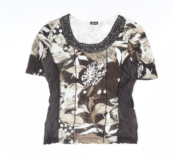 Gerry Weber Womens Brown Geometric Polyamide Basic T-Shirt Size 10 Round Neck