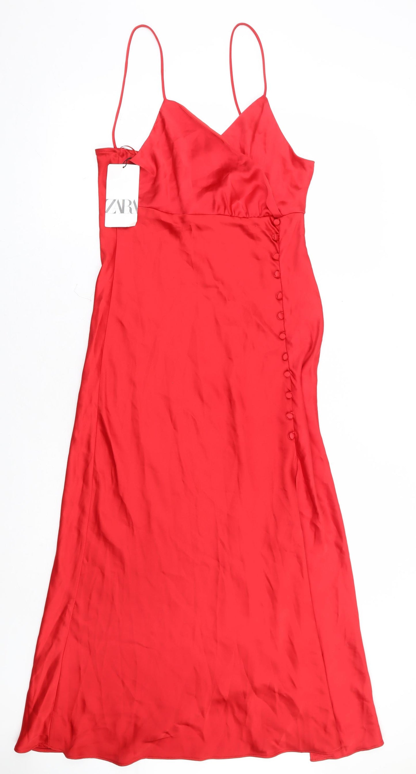 Zara Womens Red Polyester Slip Dress Size L V-Neck Button