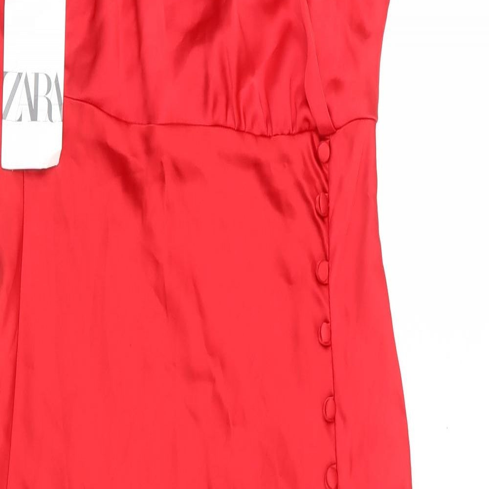 Zara Womens Red Polyester Slip Dress Size L V-Neck Button