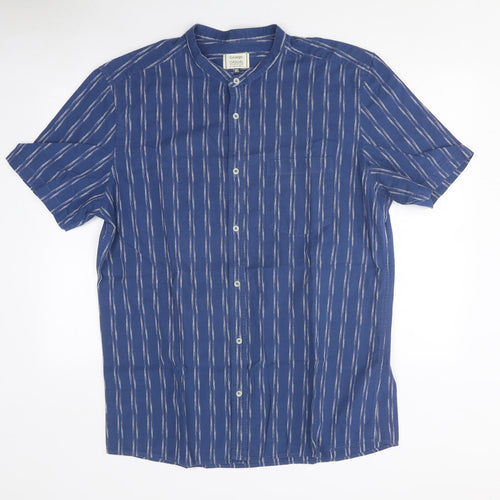 George Mens Blue Striped Polyester Button-Up Size XL Mock Neck Button