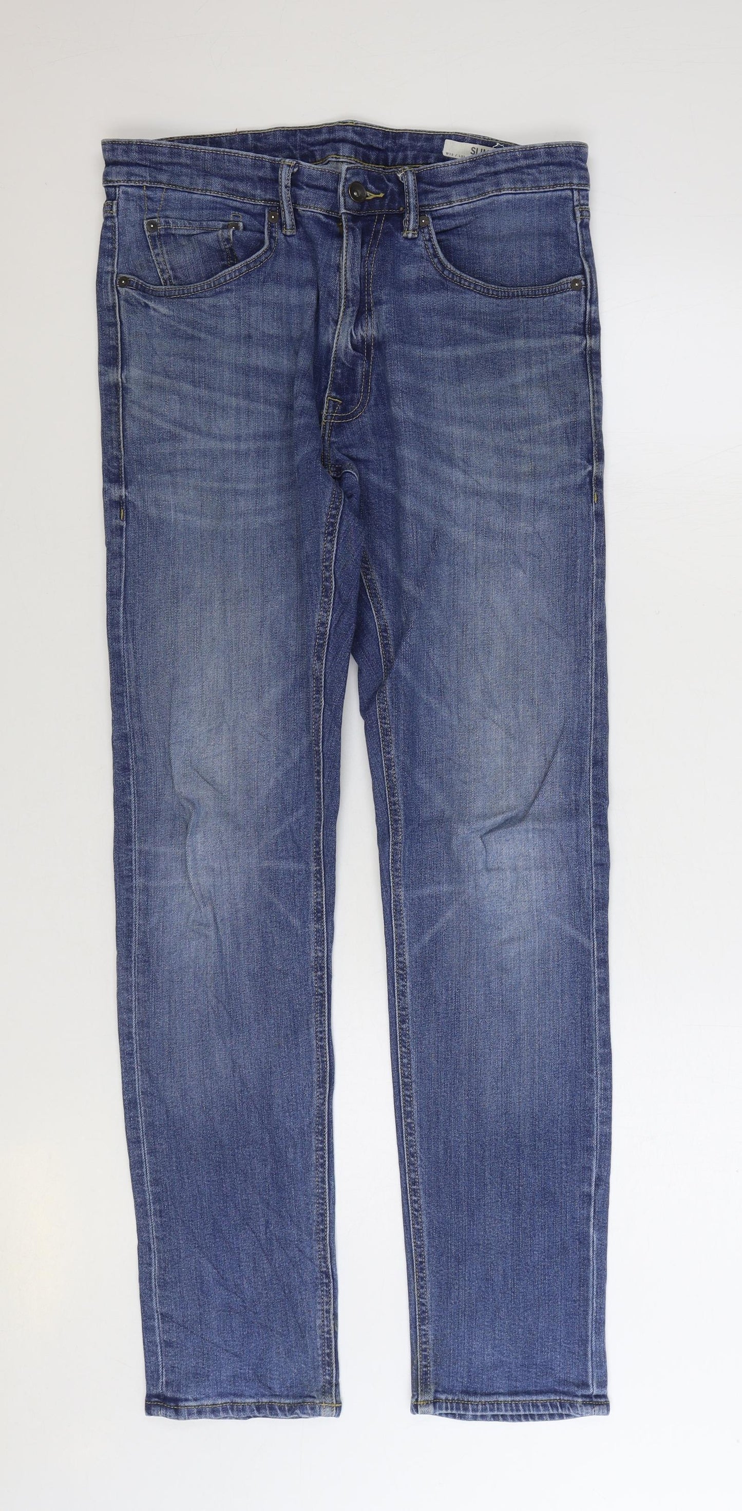 Marks and Spencer Mens Blue Cotton Straight Jeans Size 32 in L33 in Regular Zip