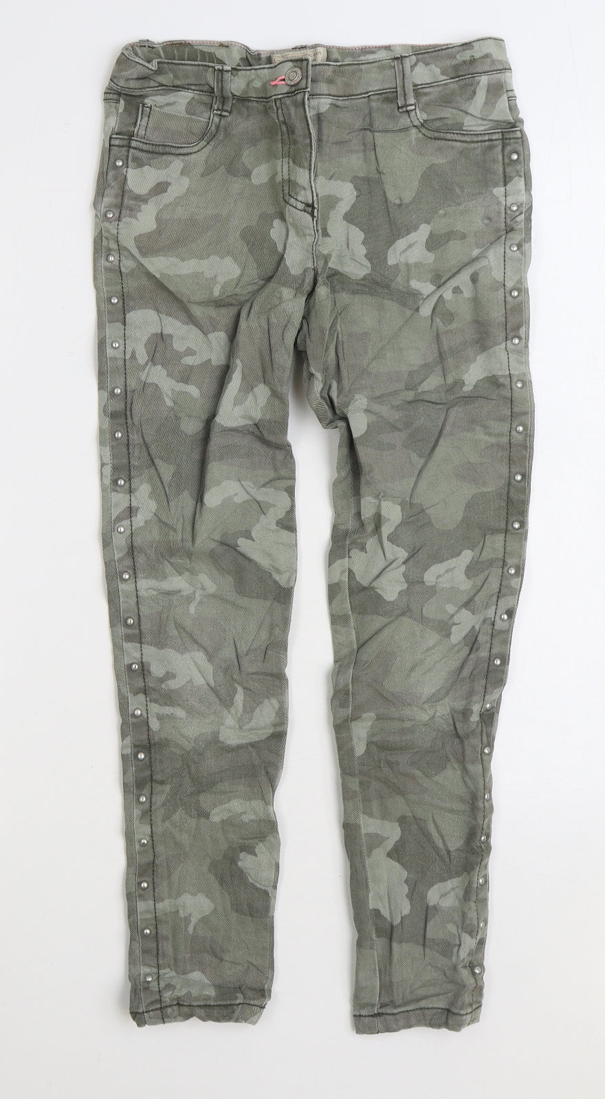 NEXT Girls Green Camouflage Cotton Skinny Jeans Size 12 Years Regular Zip - Happy