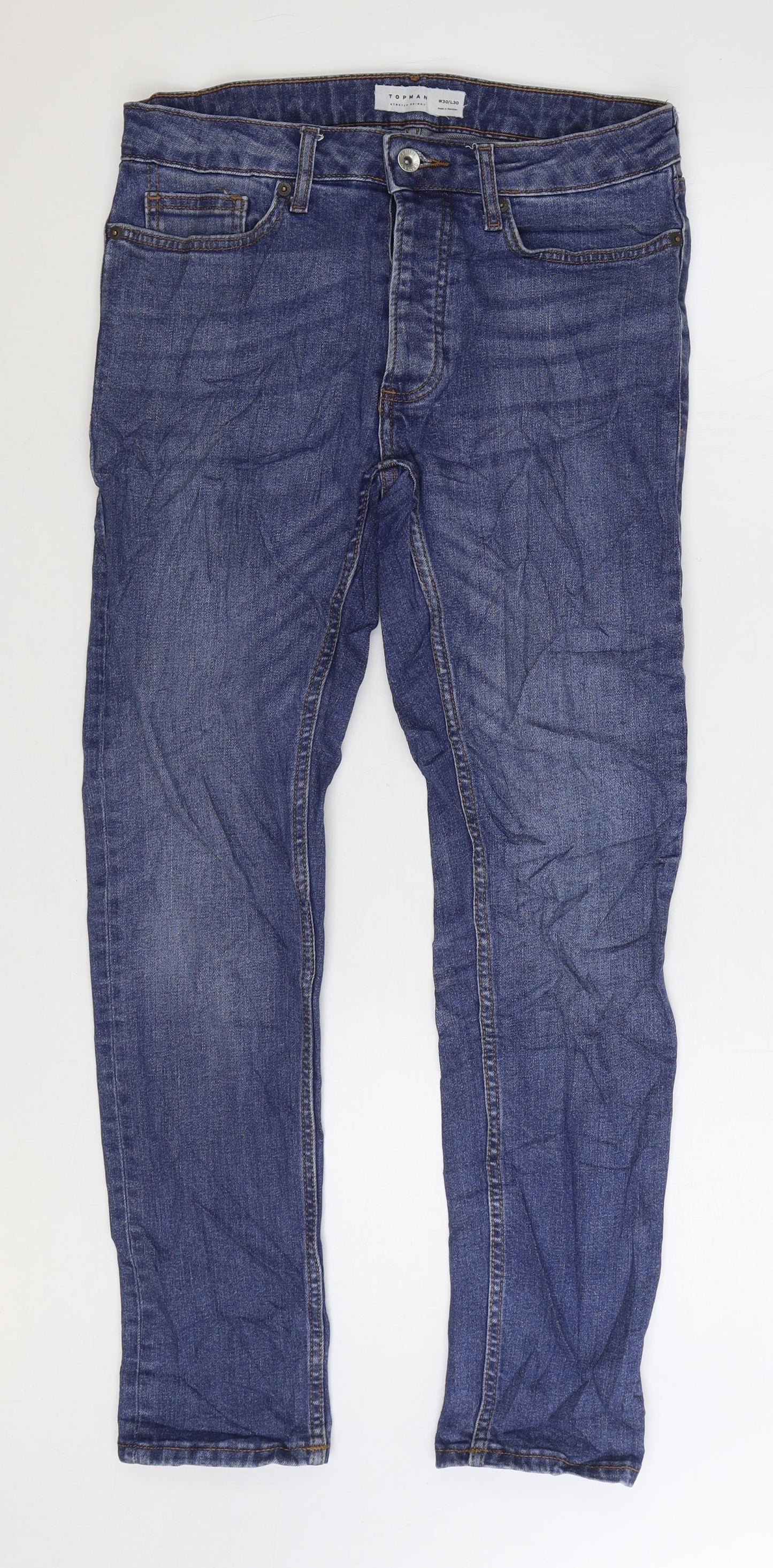 Topman Mens Blue Cotton Straight Jeans Size 30 in L30 in Regular Zip