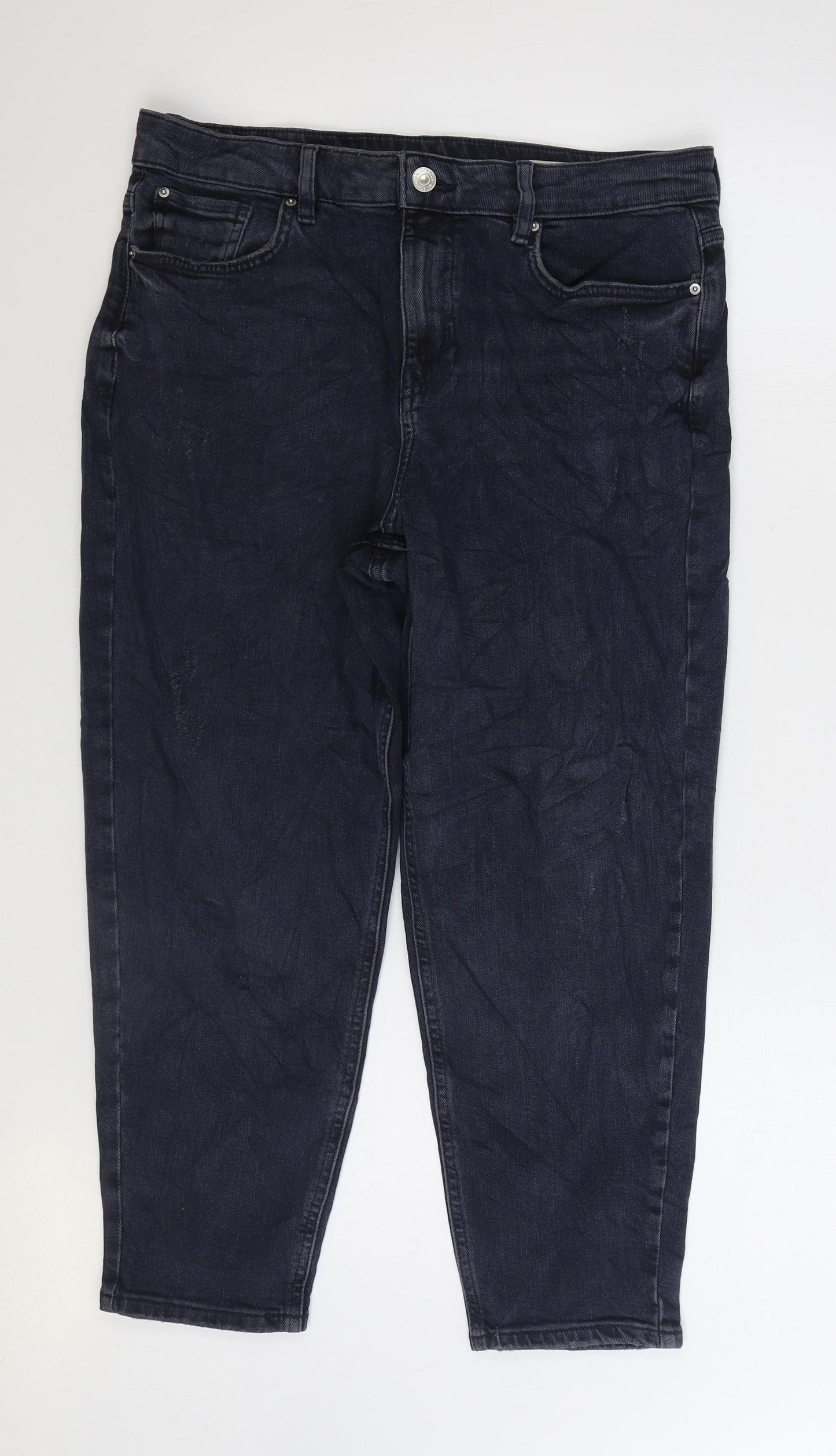 Marks and Spencer Womens Blue Cotton Mom Jeans Size 14 L24 in Regular Zip - Cropped