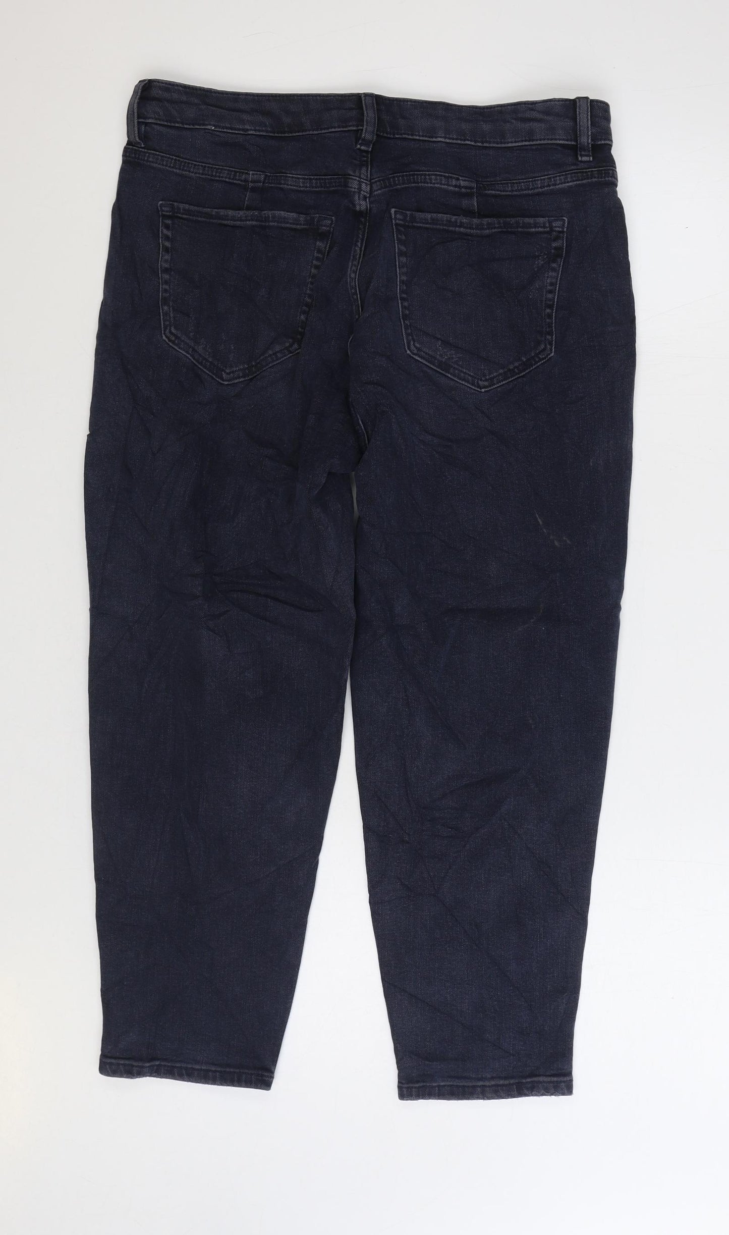 Marks and Spencer Womens Blue Cotton Mom Jeans Size 14 L24 in Regular Zip - Cropped