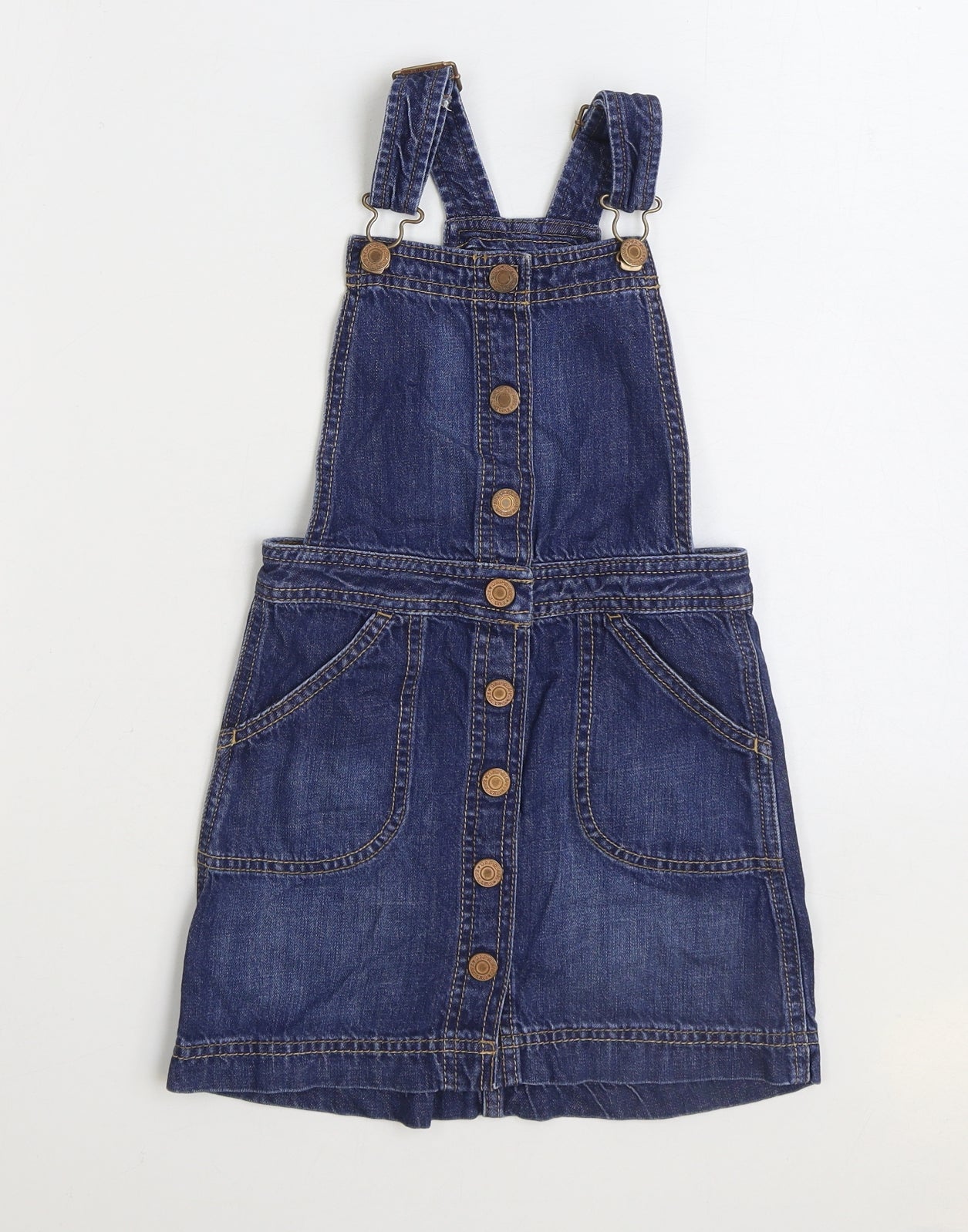 Gap Girls Blue 100% Cotton Pinafore/Dungaree Dress Size 6-7 Years Square Neck Buckle