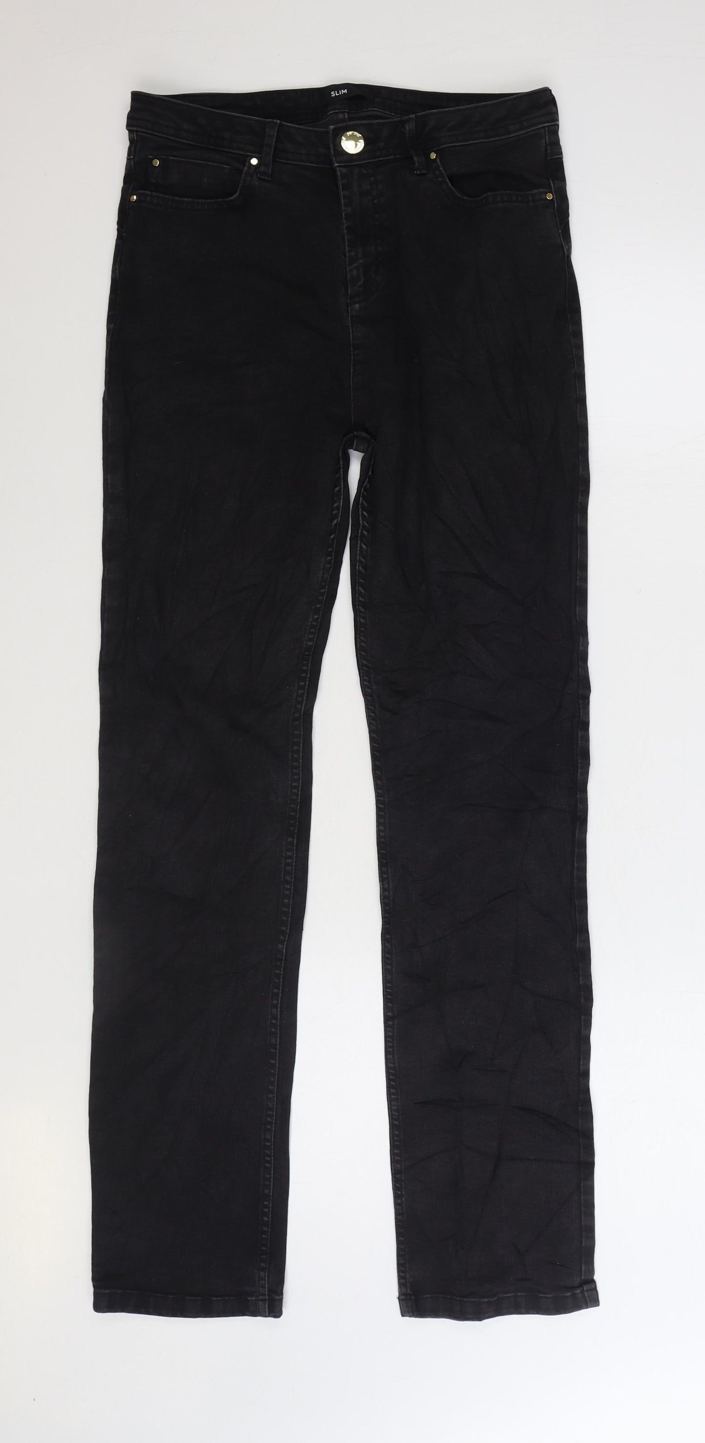 Marks and Spencer Womens Black Cotton Straight Jeans Size 12 L28 in Regular Zip