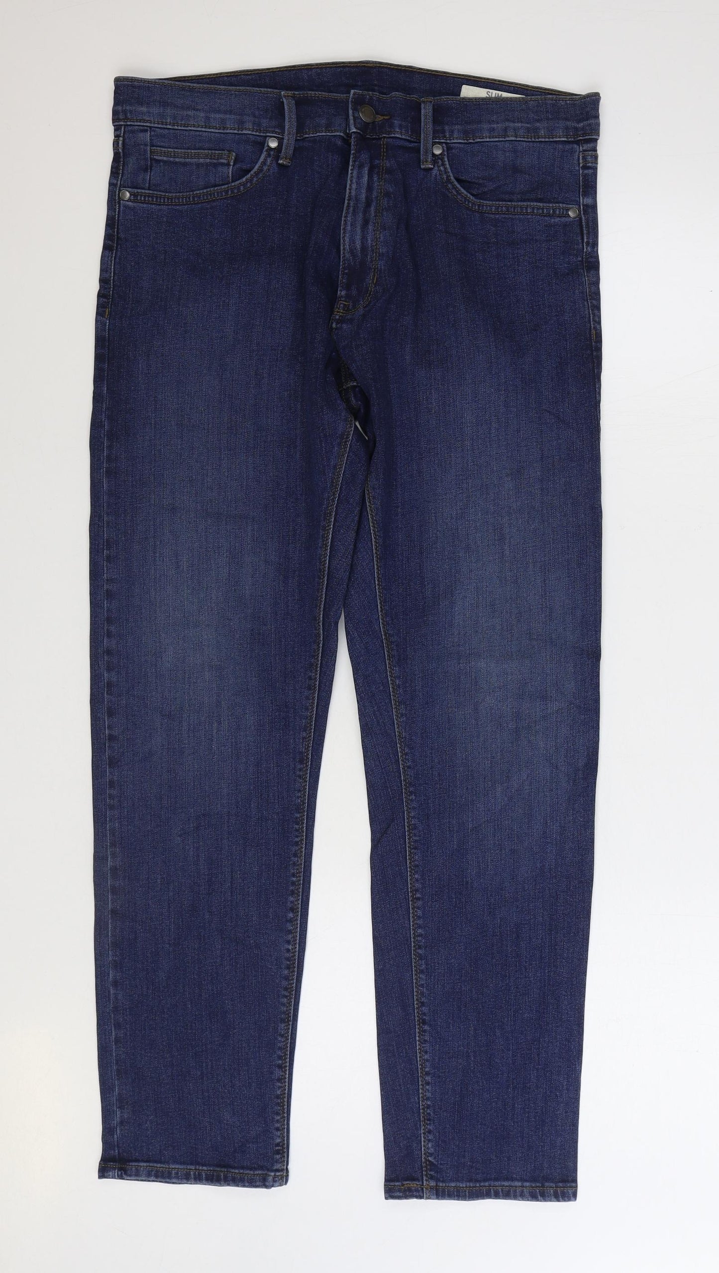 Marks and Spencer Womens Blue Cotton Straight Jeans Size 34 in L29 in Regular Zip