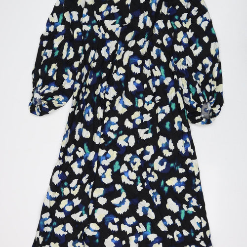 Marks and Spencer Womens Black Animal Print Viscose Fit & Flare Size 10 V-Neck Pullover - Leopard Print