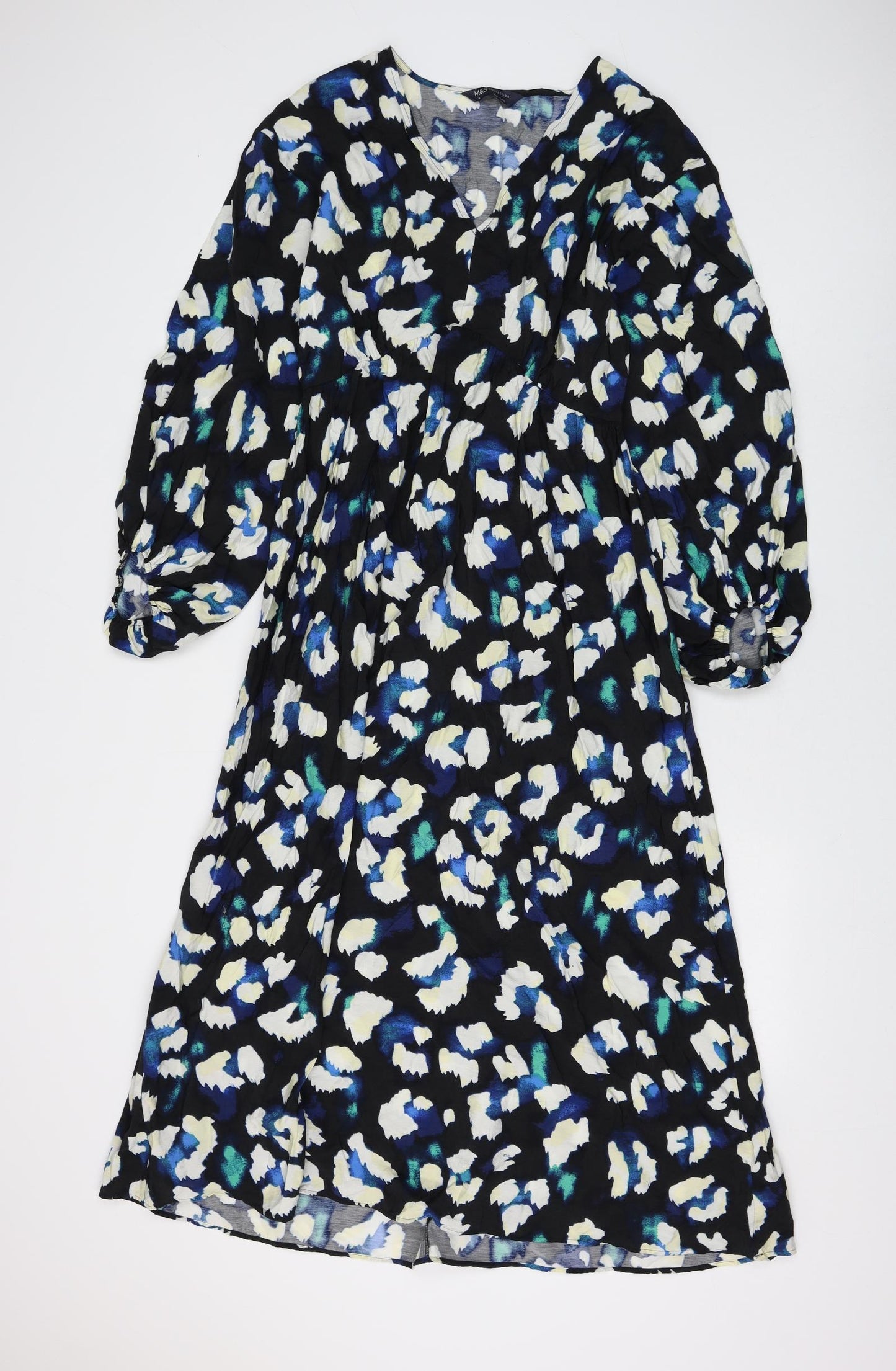 Marks and Spencer Womens Black Animal Print Viscose Fit & Flare Size 10 V-Neck Pullover - Leopard Print