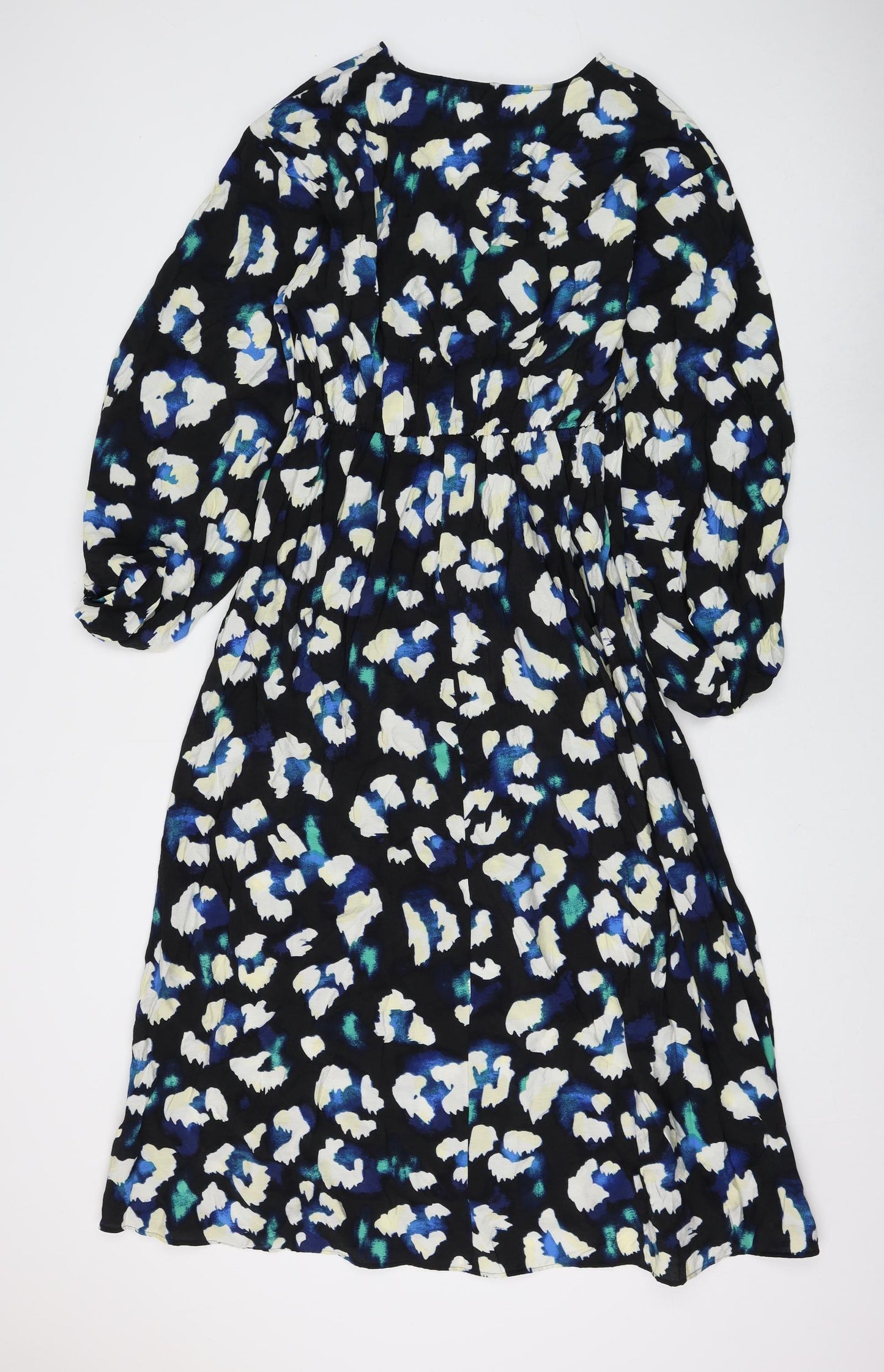 Marks and Spencer Womens Black Animal Print Viscose Fit & Flare Size 10 V-Neck Pullover - Leopard Print