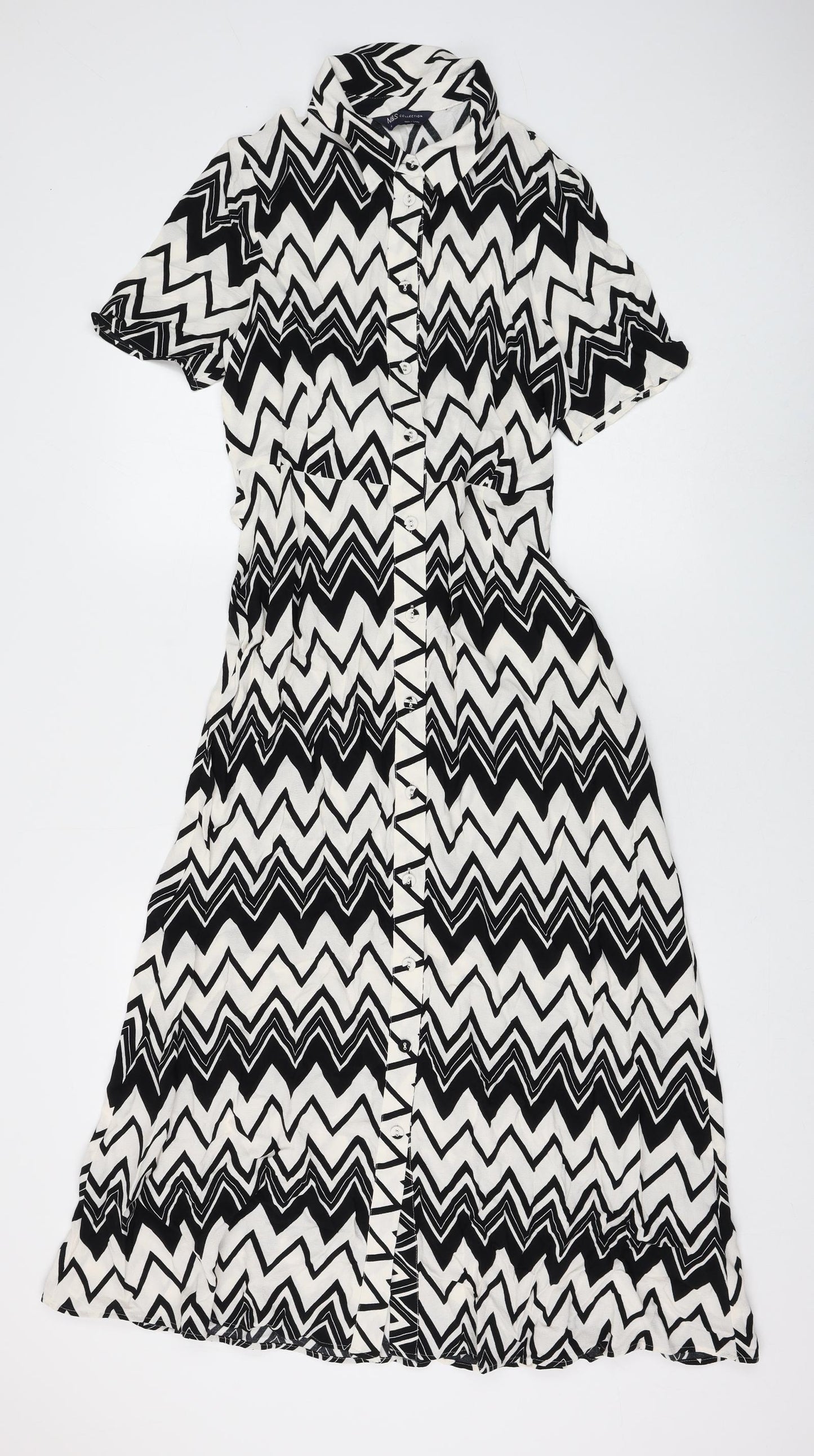 Marks and Spencer Womens White Geometric Viscose Shirt Dress Size 8 Collared Button