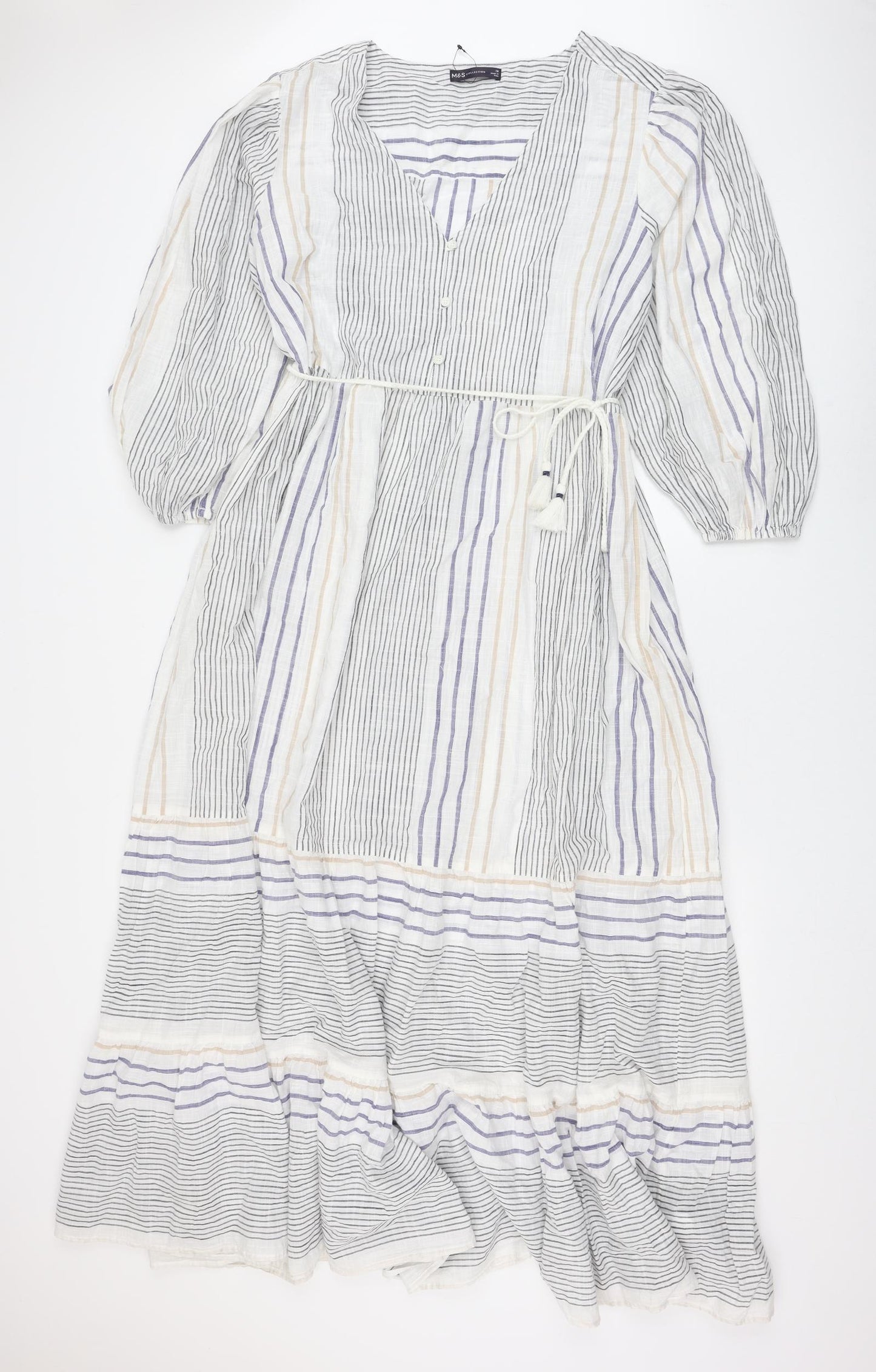 Marks and Spencer Womens White Striped Cotton Fit & Flare Size 18 V-Neck Pullover