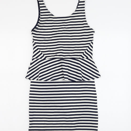 H&M Womens White Striped Viscose Bodycon Size 12 Round Neck Zip