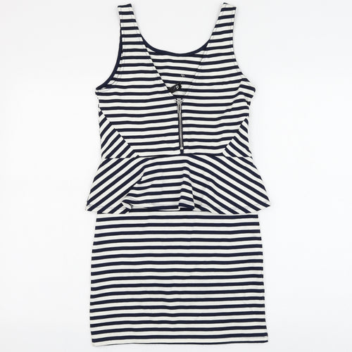 H&M Womens White Striped Viscose Bodycon Size 12 Round Neck Zip
