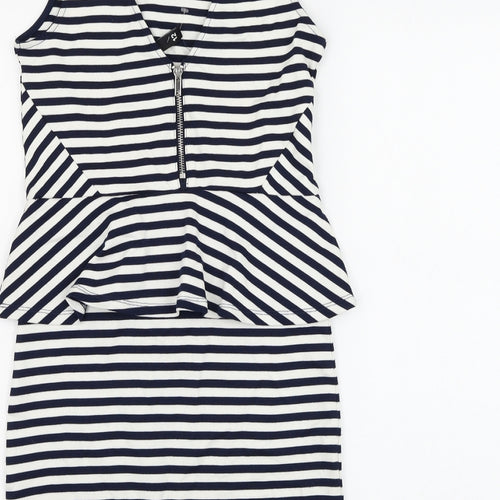 H&M Womens White Striped Viscose Bodycon Size 12 Round Neck Zip